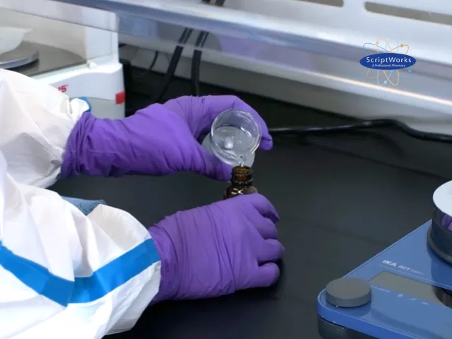 Gloved Technician Pouring Liquid from Beaker into Amber Bottle